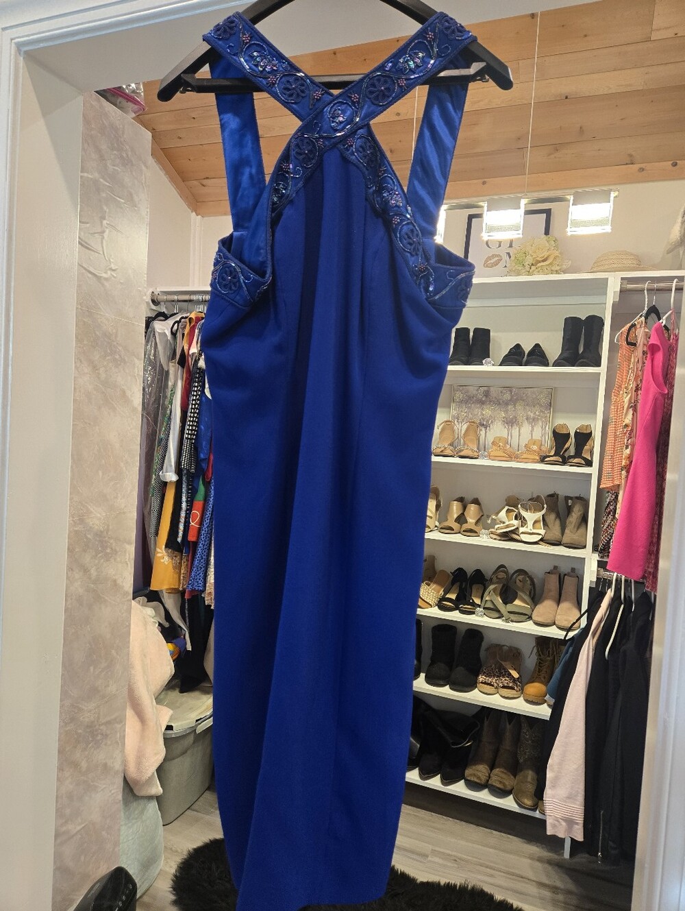 Casual Corner Royal Blue One-Shoulder Beaded Evening Dress